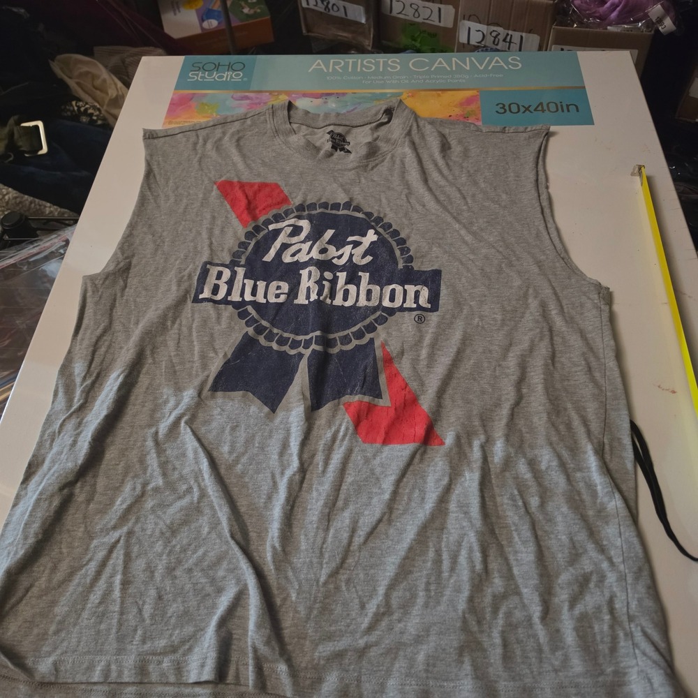 Pabst Blue Ribbon PBR Mens XL Gray Sleeveless Muscle T-Shirt Beer Graphic Tank